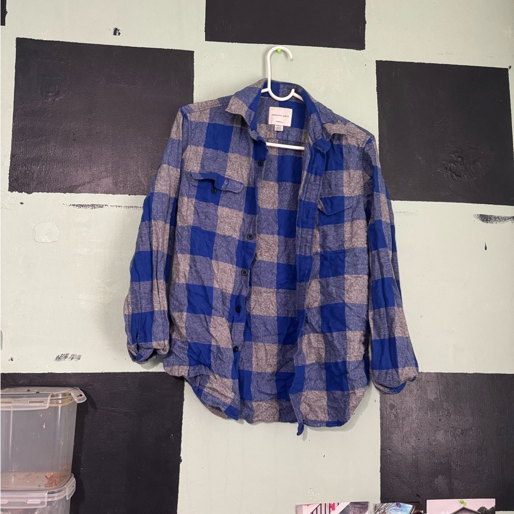 Blue and Gray Plaid Button-Up Shirt